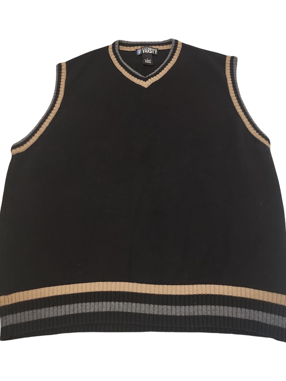 Varsity Black V-Neck Knit Sweater Vest with Tan & Gray Trim